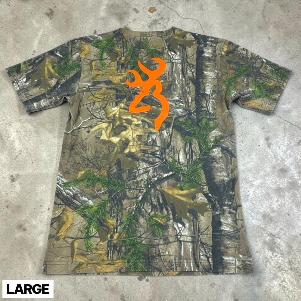 Browning Camo T-Shirt Mens Large Back Logo 3D Hunting Short Sleeve Brown Green
